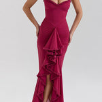 Margovil Spaghetti Strap Frill Trim Draped Slit Maxi Dress