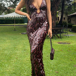 Margovil Spaghetti Strap V Neck Glitter Sequin Maxi Party Dress