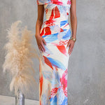 Asymmetrical Shoulder Ruched Floral Print Maxi Dress