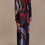 Boat Neck Long Sleeves Watercolor Print Maxi Dress