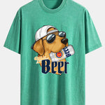 Beer Dog Print Washed Distressed Drop Shoulder T-Shirt