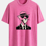 Pink Gentleman Panther Print Washed Distressed Drop Shoulder T-Shirt