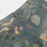 Flower Print Denim Wide Leg Pants