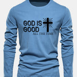 Long Sleeve God Is Good Cross Print Cotton T-Shirt