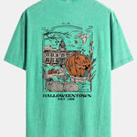 Halloween Pumpkin Town Print Washed Distressed Drop Shoulder T-Shirt