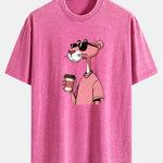 Pink Panther Drinking Coffee Print Washed Distressed Drop Shoulder T-Shirt