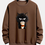 Black Cat Halloween Coffee Print Relax Fit Sweatshirt