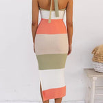 Halter Neck Color Block Side Slit Knit Midi Dress