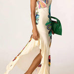 One Shoulder Sleeveless Floral Print Ruffle Hem Maxi Dress