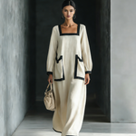 Women's Beige Cotton And Linen Blend Square-Neck Maxi Dress With Black Trim & Oversized Pockets
