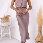 High Neck Sleeveless Waisted Satin Midi Dress
