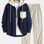 Long Sleeved Contrast Corduroy Hooded Shirt & Straight Leg Corduroy Pants