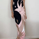 Margovil Halter Neck Open Back Asymmetric Hem Printed Satin Midi Dress