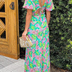 V Neck Puff Sleeves Tie Back Floral Print Maxi Dress