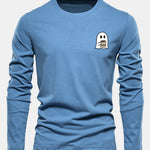 Long Sleeve Ghost Drinking Coffee Print Cotton T-Shirt