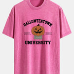 Halloween Pumpkin Town Print Washed Distressed Drop Shoulder T-Shirt