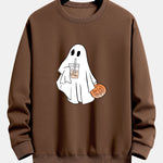 Halloween Ghost Drinking Coffee Pumpkin Print Relax Fit Sweatshirt