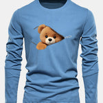 Long Sleeve Zipper Bear Print Cotton T-Shirt