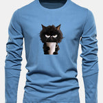 Long Sleeve Black Cat Drinking Coffee Print Cotton T-Shirt