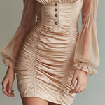 Retro Champagne Satin Sheer Lantern Sleeves Bodycon Mini Dress