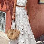 Next Trip Floral Embroidery Crochet Lace Elastic Waist Pocket Maxi Skirt