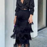 SOLID COLOR HIGH WAIST ELASTIC WAIST PLEAT FRINGED SKIRT