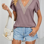Gold Lace V Neck Tile Short Sleeve Solid Color T-Shirt Top