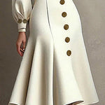 Loose Puff Sleeves Pleated Split-Joint Tied Waist V-Neck Midi Dresses