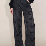 Jhenie Denim Beaded Sequin Floral Pattern Mid Rise Pocket Wide Leg Jeans