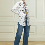 Long Sleeves Loose Brooch Elasticity Heart Shape Pleated Print Lapel Collar Blouses&Shirts Tops