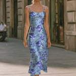 Floral Satin Bodycon Midi Dress With Slim Spaghetti Straps