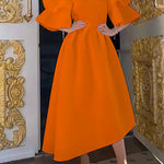 Original Loose Half Sleeves Falbala Solid Color Round-Neck Midi Dresses
