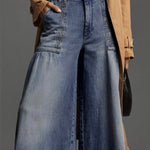 Wide Leg Buttoned Pockets Solid Color Split-Joint Zipper Jean Pants Bottoms Trousers