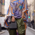 Batwing Sleeves Half Sleeves Contrast Color Printed One-shoulder Blouses&shirts Tops