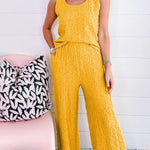 Yellow Crinkled U Neck Tank and Wide Leg Pants Set