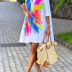 Half Sleeves Loose Buttoned Contrast Color Printed Lapel Mini Dresses Shirt Dress