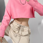 Round Neck Solid Color Loose Casual Long Sleeve Super Short Knitted Sweater