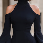 Mock Neck Cold-Shoulder Puff Sleeve Mini Dress