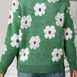 Green Vintage 60s Floral Pattern Half Zip Collar Drop Shoulder Sweater