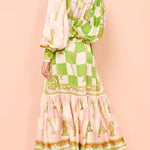 Garden Party Satin Unique Print Balloon Sleeve Belted Shirt Maxi Dress