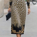 High Waisted Long Sleeves Contrast Color Leopard Printed Split-Joint Round-Neck Maxi Dresses