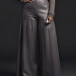 High Waisted Elasticity Pleated Pockets Solid Color Zipper Wide Leg Pants