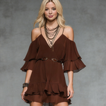 Women's Fashionable Brown Chiffon Off-the-shoulder Spaghetti Strap Ruffle Mini Dress