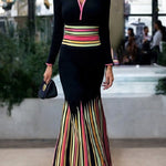 Long Sleeves Skinny Colorful Contrast Color Striped V-Neck Maxi Dresses