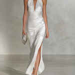Women's Elegant White Satin Sleeveless Halter Neck Maxi Dress