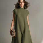 Women's Olive Green Textured Dress With Mock Neck & Sleeveless Silhouette, Timeless Minimalist-Elegant Style Dress