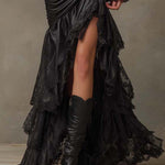 Black Faux Leather Corset Maxi Dress With Lace Sleeves