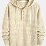 Long Sleeve Waffle Half Button Placket Arc Hem Hooded T-shirt