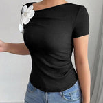 Short Sleeves Skinny Pleated Solid Color Three-Dimensional Flower Asymmetric Collar T-Shirts Tops