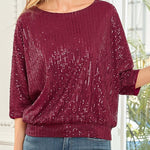 Solid Color Sequined Loose Round Neck Casual Top